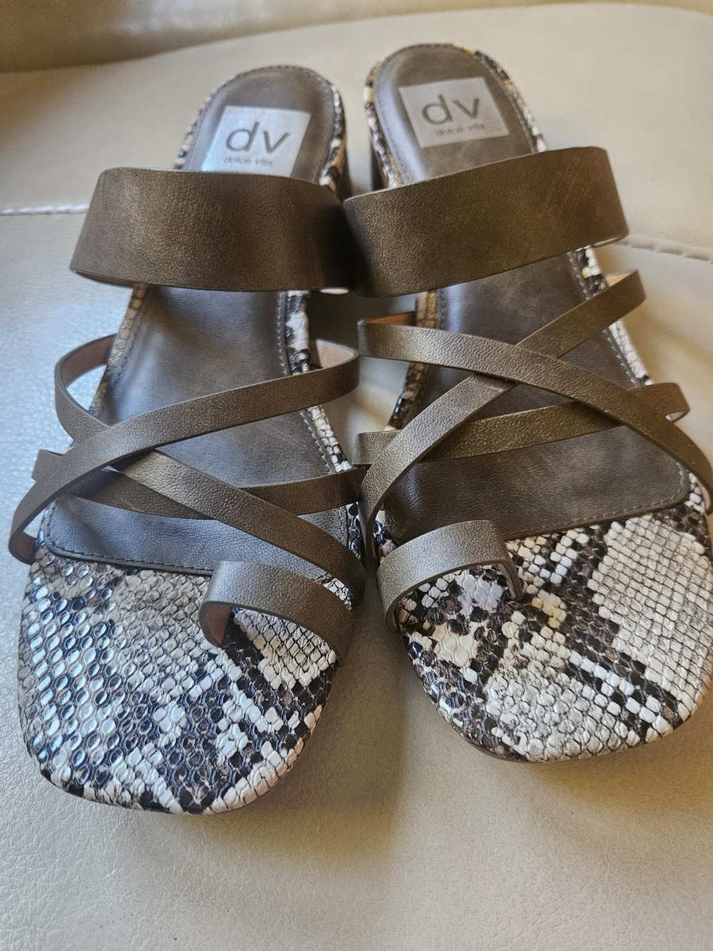 DV by Dolce Vita Olive Strappy Sandals with Snake-Print Toe Accent